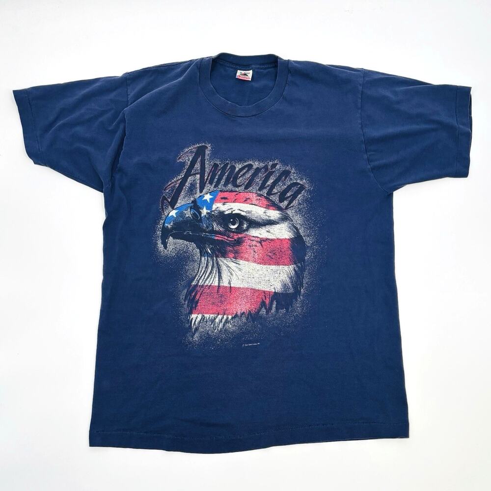 Vintage Bald Eagle T-Shirt Patriotic America Mens XL Blue Single Stitch USA